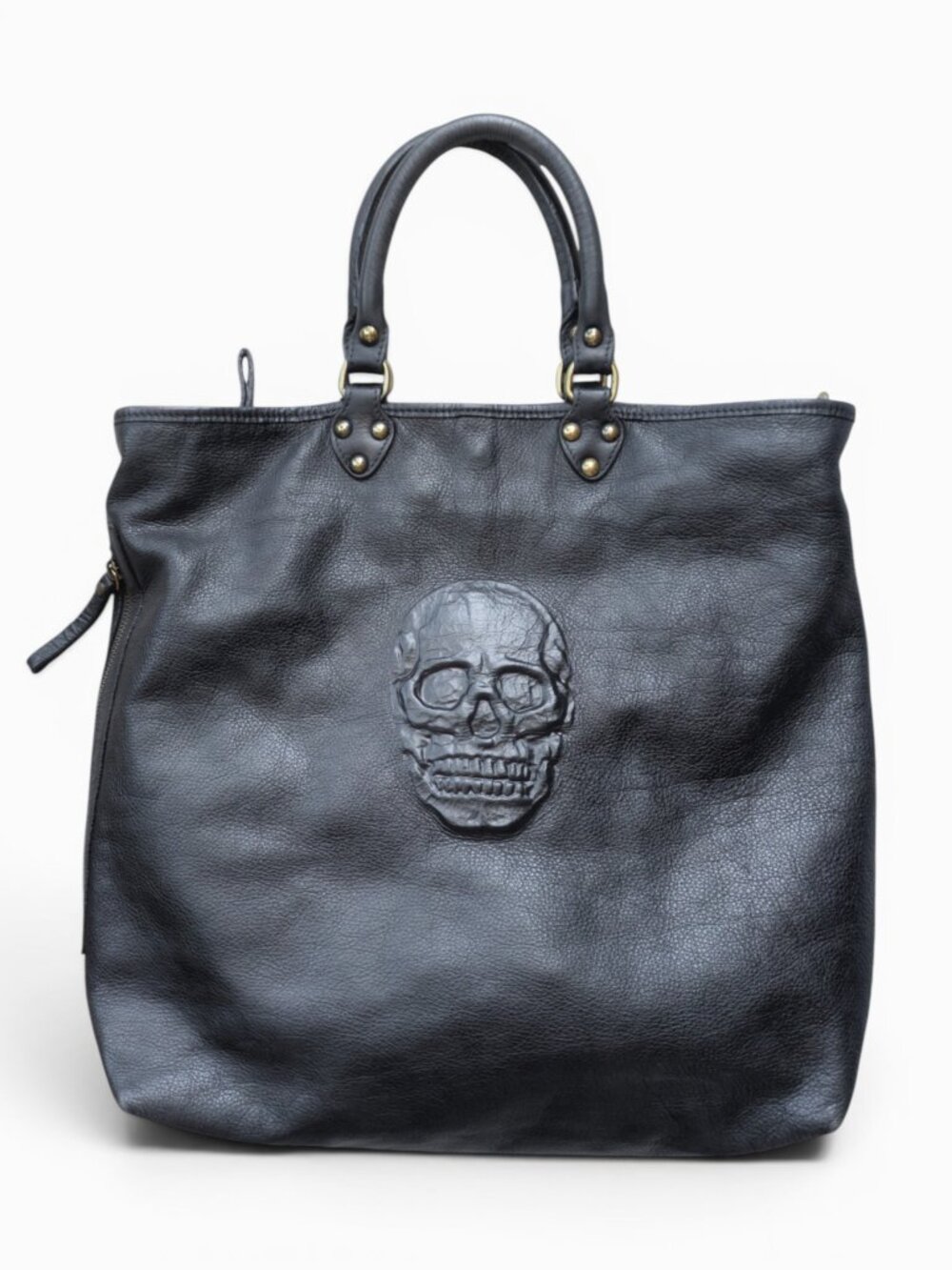 IO Pelle Italia Black Leather Skull Tote, Made in Italy, 16x15x5"